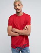 Asos Longline T-shirt With Distressed Hem In Red - Red