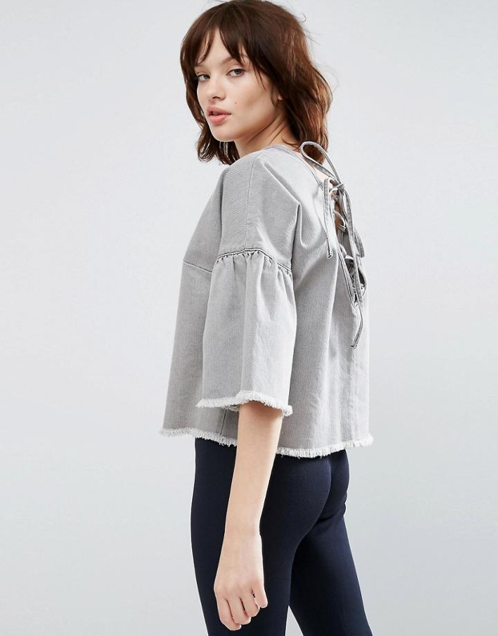 Asos Denim Top With Fluted Sleeves And Tie Back In Gray - Gray