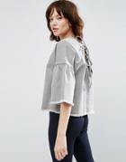 Asos Denim Top With Fluted Sleeves And Tie Back In Gray - Gray