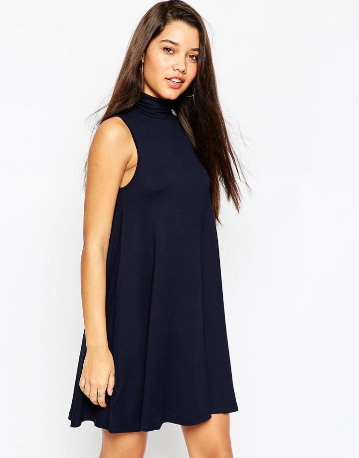 Asos Sleeveless Swing Dress With Turtleneck - Navy