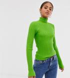 Asos Design Tall Roll Neck Sweater In Fine Knit Rib-green