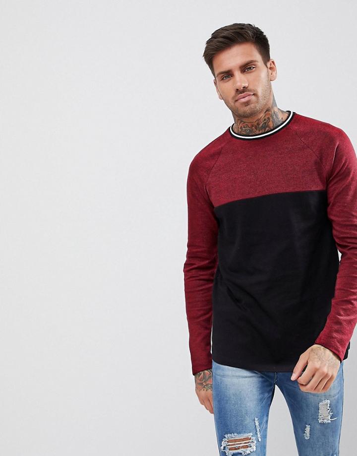 Asos Longline Long Sleeve T-shirt With Color Block In Interest Fabric - Red