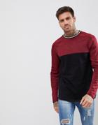 Asos Longline Long Sleeve T-shirt With Color Block In Interest Fabric - Red