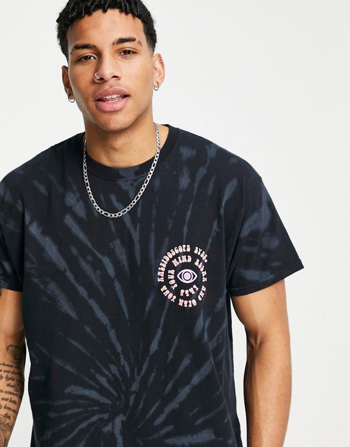 Topman Oversized Fit Tie Dye Tee With Spiral Chest Print In Washed Black