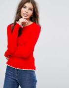 Asos Sweater In Rib With Tipping And Ruffle - Red