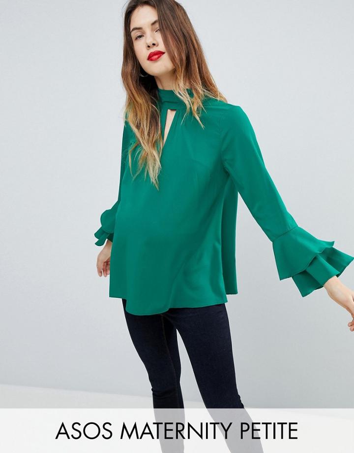 Asos Maternity Petite Cut Out Neck Flared Sleeve Blouse - Green