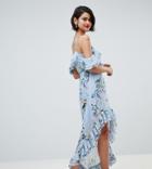 River Island Floral Print Cold Shoulder Midi Dress - Blue