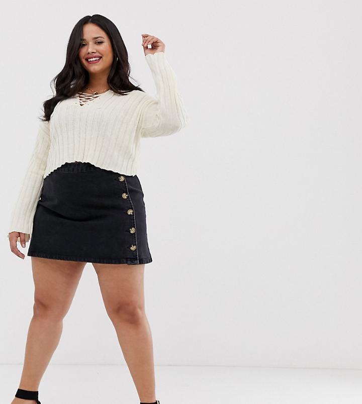 Asos Design Curve Denim Wrap Skirt With Side Buttons In Black - Black