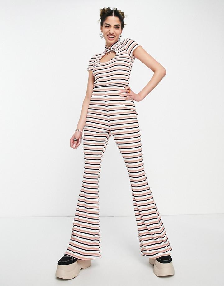 Asos Design Rib Keyhole Jumpsuit In Stripe-multi