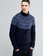 Pretty Green Sweater With Roll Neck And Nordic Pattern In Slim Fit Black - Navy