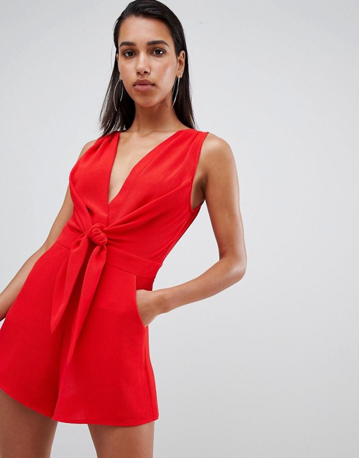Parallel Lines Twist Front Romper - Red