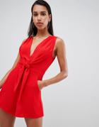 Parallel Lines Twist Front Romper - Red