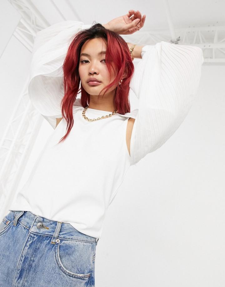 River Island Long Pleat Sleeve Top In Cream-white