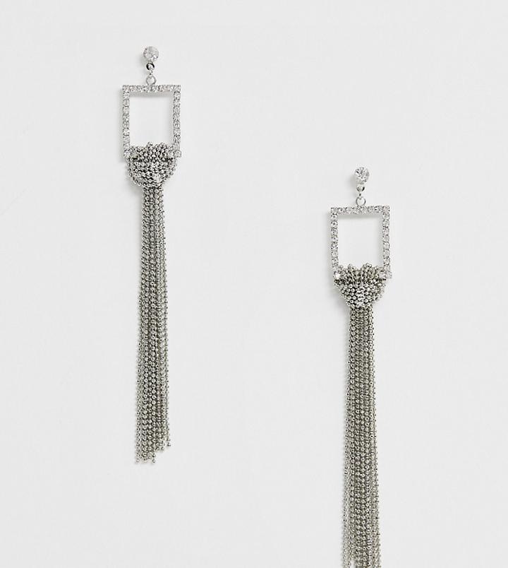 True Decadence Exclusive Rhinestone Sqaure Drop Earrings With Chain - Silver