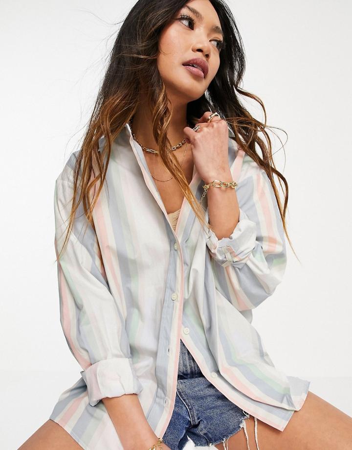 Asos Design Dad Shirt In Pastel Stripe Multi