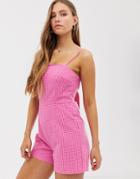 Glamorous Cami Romper In Mini Gingham With Back Tie Detail-pink