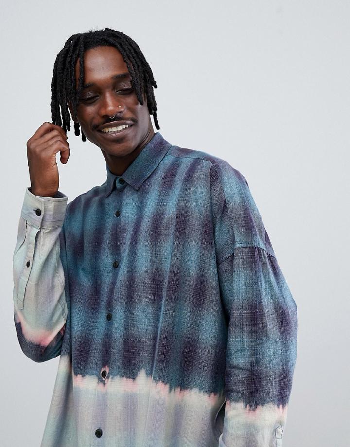 Asos Design Regular Fit Longline Dip Dye Check Shirt - Blue