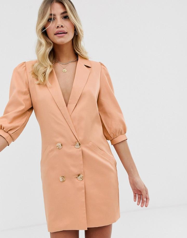 In The Style Puff Sleeve Tuxedo Blazer Dress In Taupe-brown