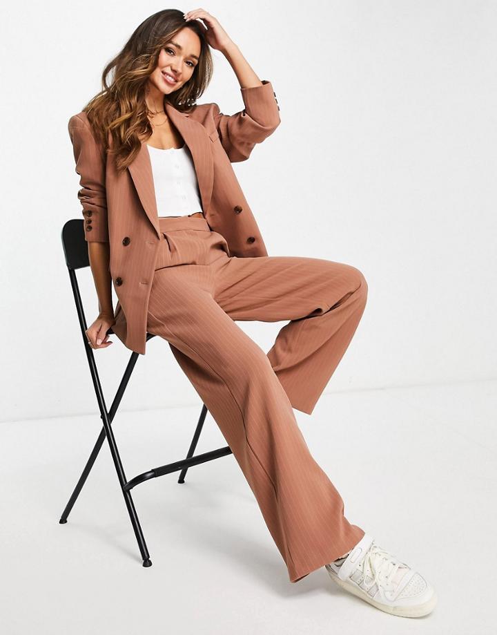 Asos Design Double Breasted Dad Suit Blazer In Camel Pinstripe-multi