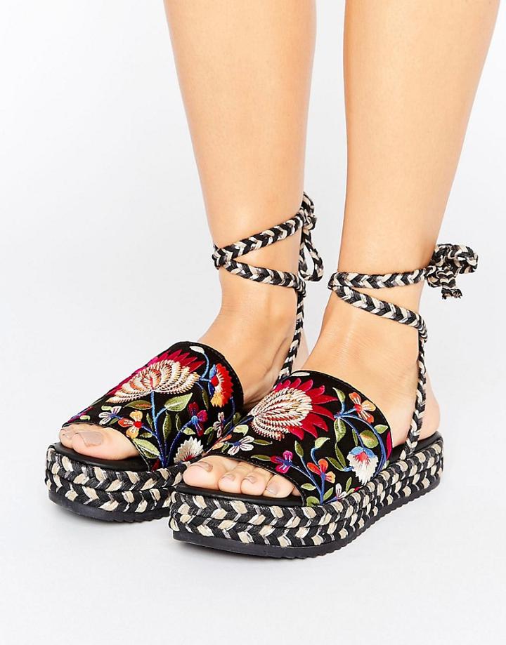 Asos Taiwan Embroidered Tie Leg Espadrille Sandals - Multi