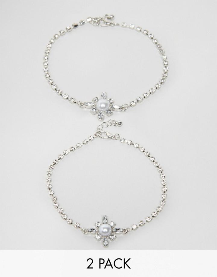 Asos Pack Of 2 Crystal & Faux Pearl Anklets - Rhodium