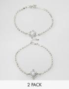 Asos Pack Of 2 Crystal & Faux Pearl Anklets - Rhodium