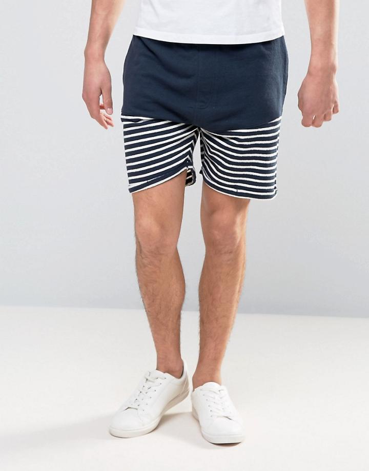 Solid Jersey Shorts In Towelling And Stripe - Navy