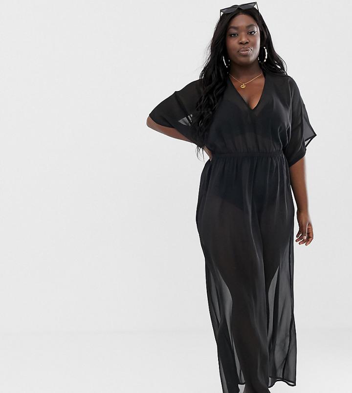 Asos Design Curve Recycled Kimono Sleeve Tie Back Chiffon Maxi Beach Dress In Black - Black