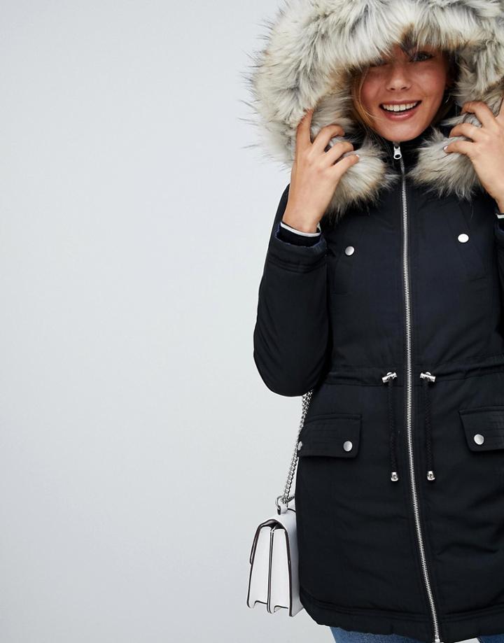 Miss Selfridge Padded Parka Coat In Black - Multi