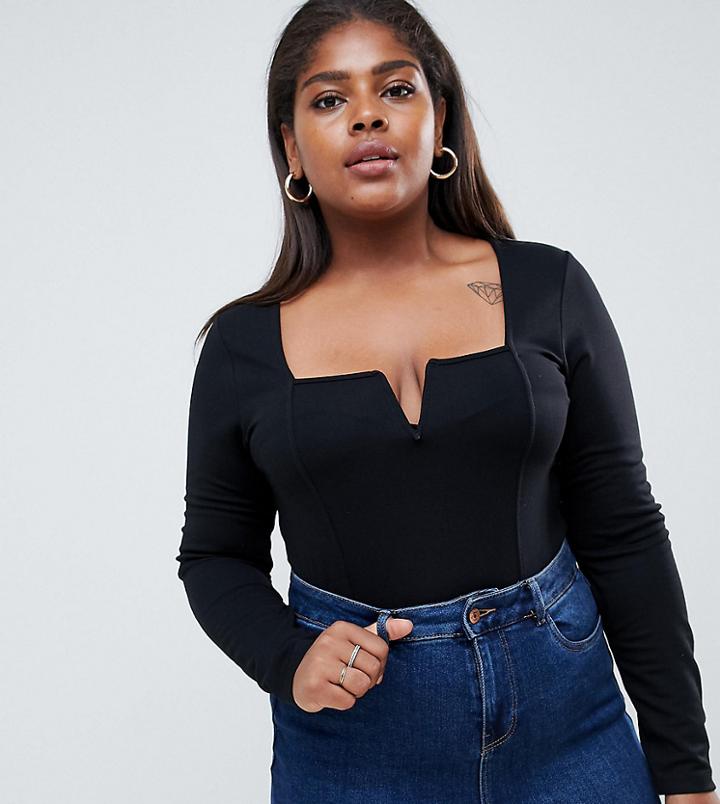 Asos Design Curve Square Neck Fitted V Detail Long Sleeve Top - Black