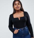 Asos Design Curve Square Neck Fitted V Detail Long Sleeve Top - Black