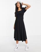 Monki Noelle Smocked Puff Sleeve Midi Dress In Black