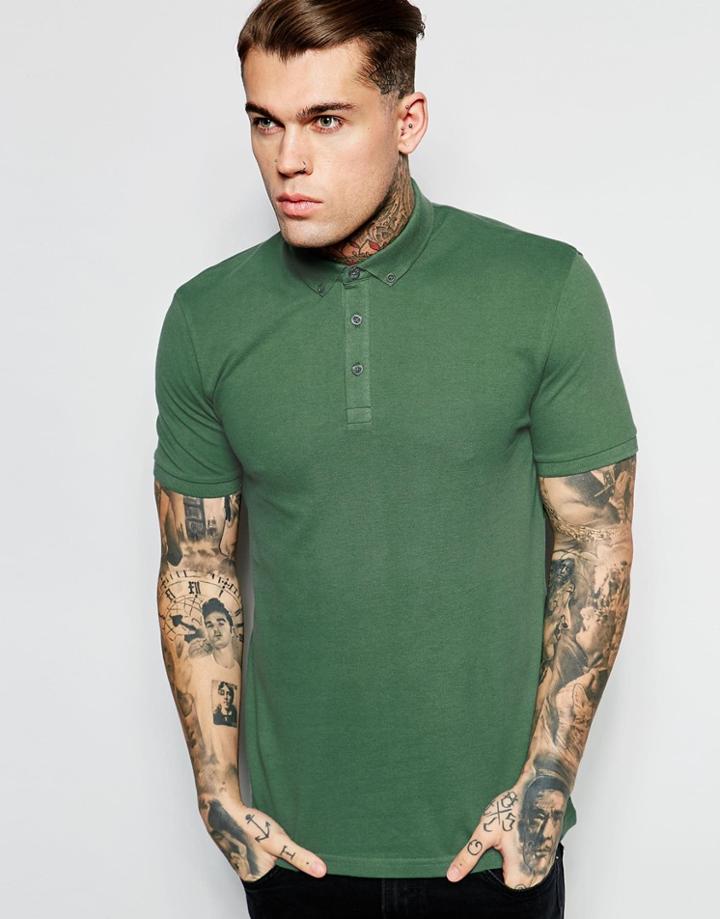 Asos Pique Polo With Button Down Collar In Green - Green