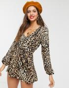 Asos Design Leopard Print V Neck Button Front Romper-multi