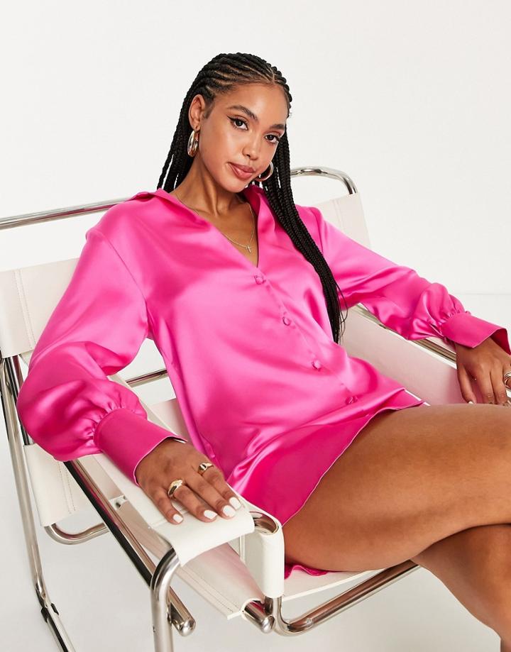 Asos Design Slouchy Satin Plunge Shirt Mini Dress In Hot Pink