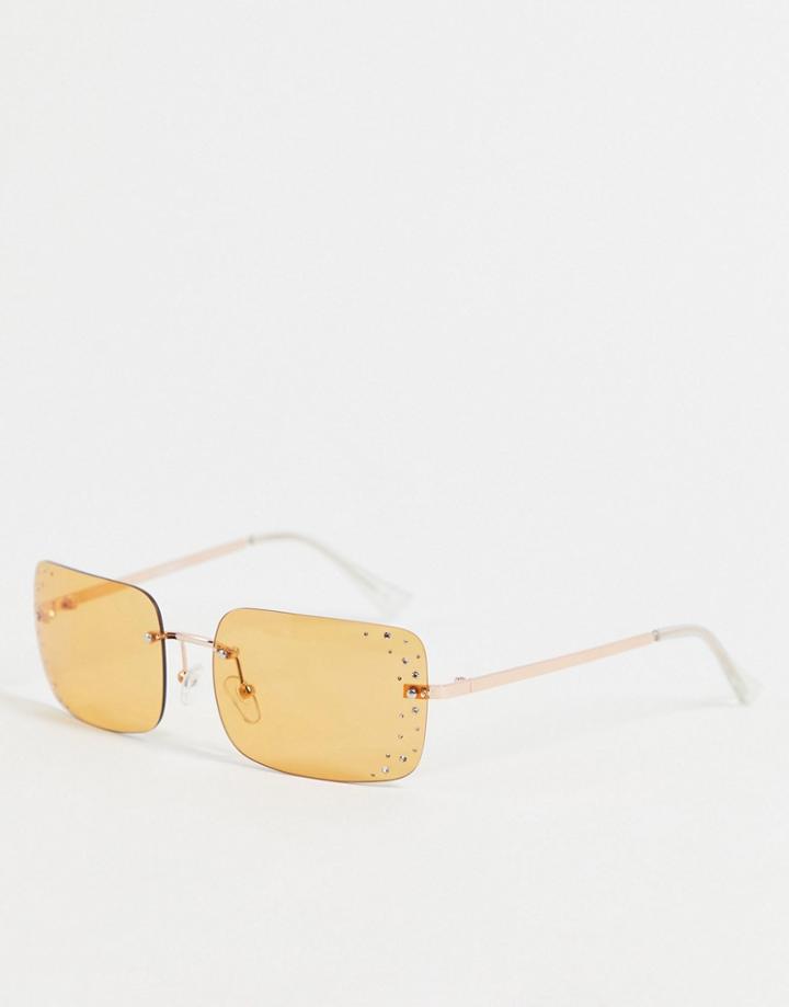 Asos Design Rimless 90s Sunglasses In Orange Lens With Crystal Detail-gold