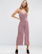 Asos Wrap Front Belted Jumpsuit In Velvet - Pink