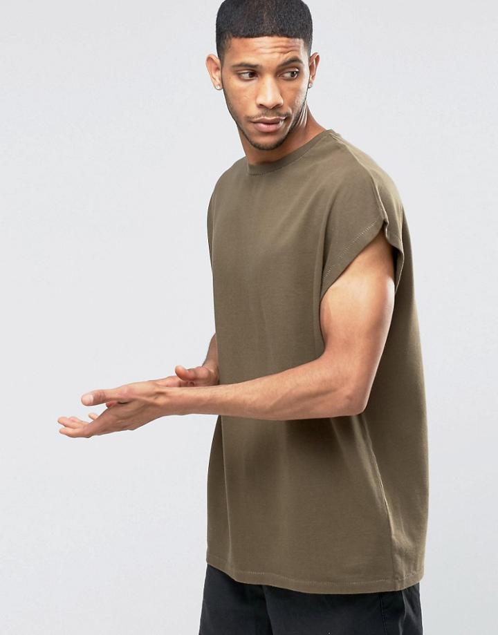 Asos Super Oversized Sleeveless T-shirt In Heavy Jersey With Tonal Stitching In Khaki - Battlefield