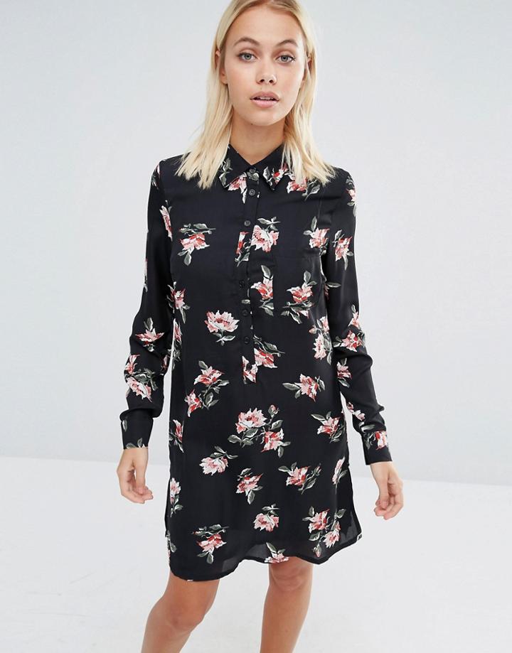 Fashion Union Shirt Dress In Floral Print With Tie Neck - Black