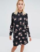Fashion Union Shirt Dress In Floral Print With Tie Neck - Black
