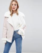 Brave Soul Delia Bonded Faux Shearling Aviator Coat - Pink