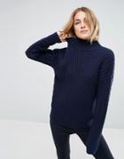 Asos High Neck Sweater With Cable Sleeves - Navy