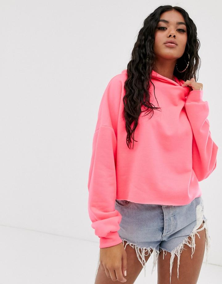 Asos Design Oversized Cropped Hoodie In Neon Pink
