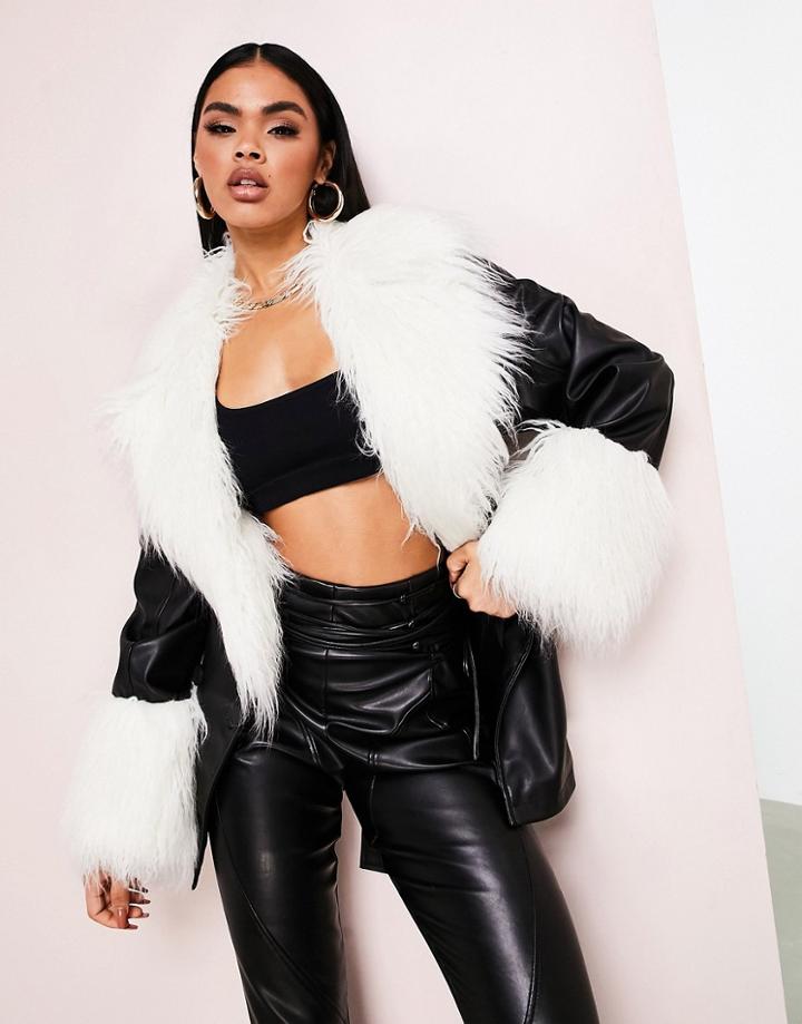 Asos Luxe Pu Tie Waist Jacket With Shearling Collar And Cuffs In Black