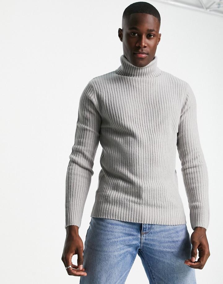 Soul Star Muscle Fit Ribbed Roll Neck Sweater In Light Gray-grey