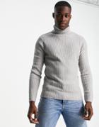 Soul Star Muscle Fit Ribbed Roll Neck Sweater In Light Gray-grey