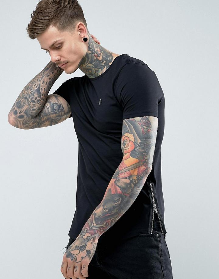 Noose & Monkey Longline Muscle Fit Crew Neck T-shirt With Zip Detail - Black