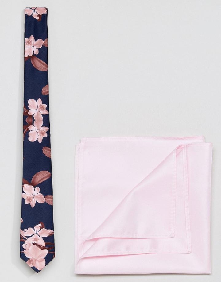 Asos Navy Floral Tie & Pink Pocket Square - Navy
