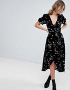 Oasis Floral Print Velvet Midi Wrap Dress - Multi