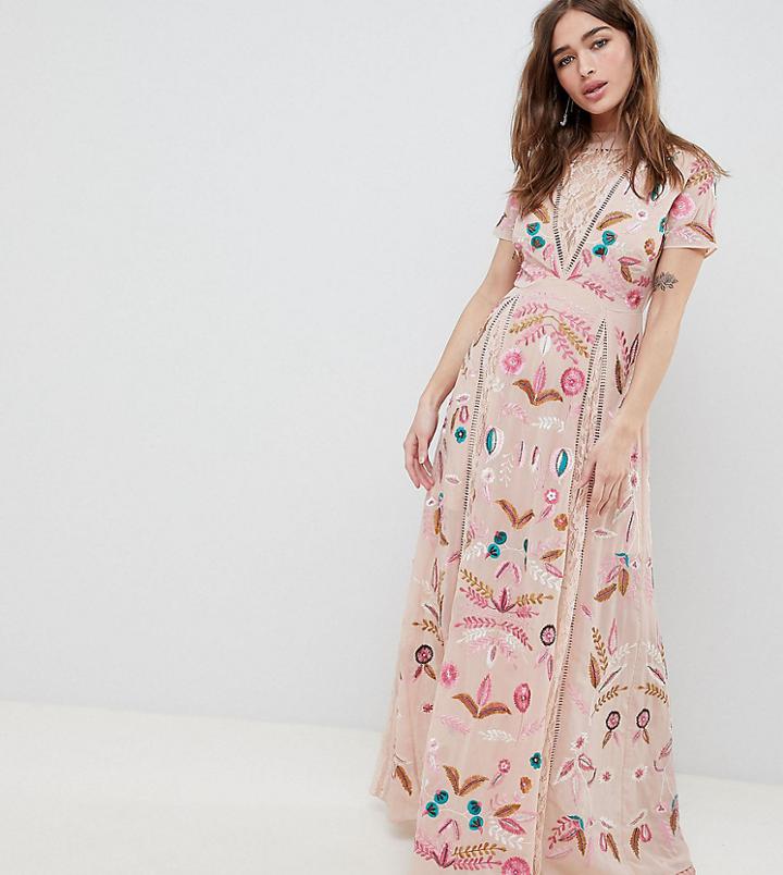 Frock And Frill Petite Allover Embroidered Plunge Front Maxi Dress - Cream